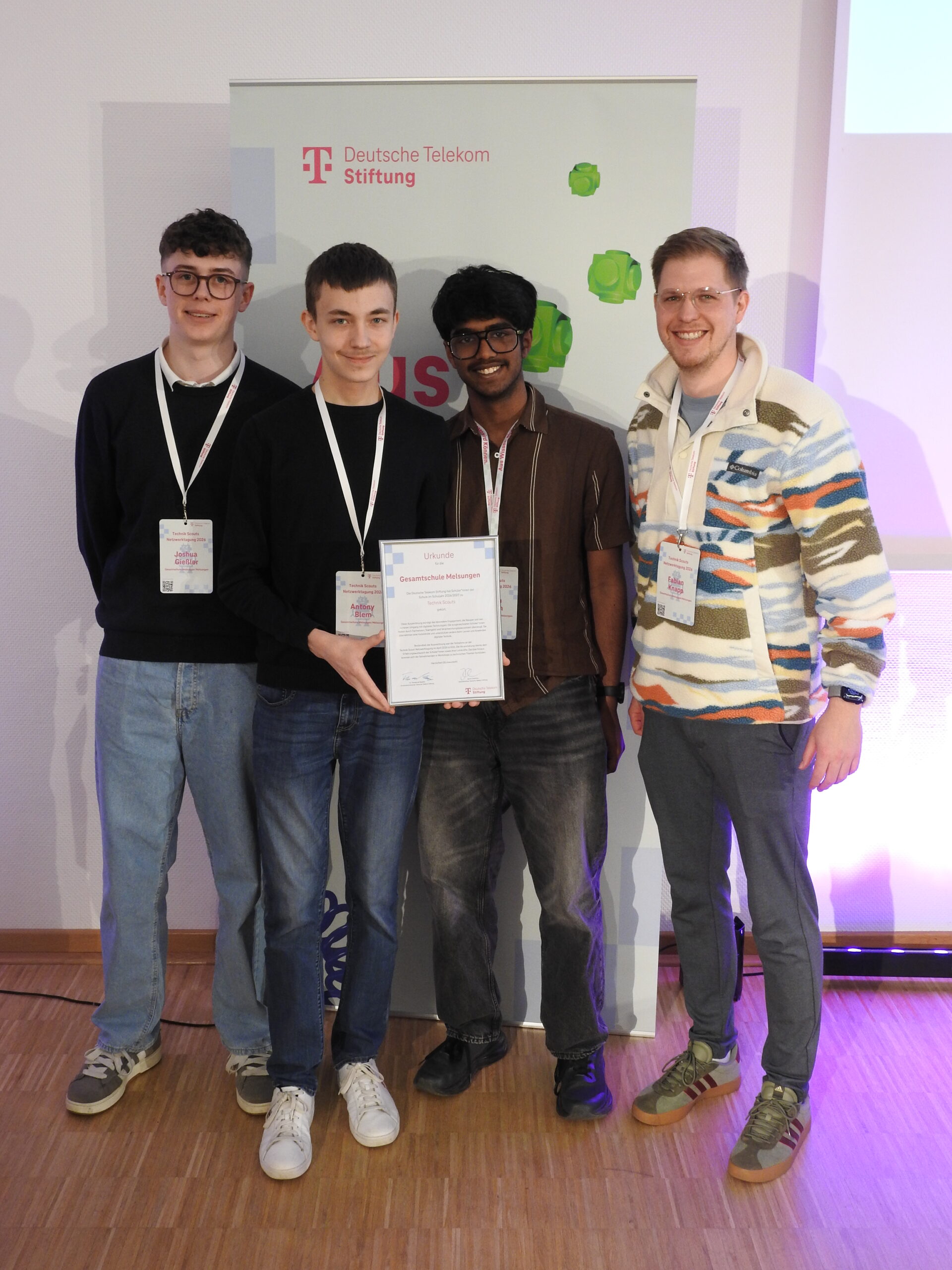 Von links nach rechts: J. Gießler, A. Blem, B. Subash Chandra und Herr Knapp bei der Technik-Scouts-Netzwerktagung 2026.